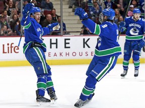 Michael Del Zotto is congratulated by Christ Tanev after scoring.