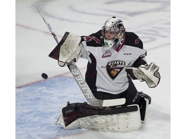 Vancouver Giants goalie Trent Miner takes shots during the pregame skate prior to playing the Portland Winterhawks in a regular season WHL hockey game at LEC, Vancouver, January 20 2018.