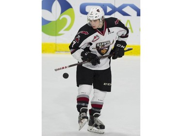 Vancouver Giants #7 Ty Ronning tries to bounces the puck off the butt end his stick during the pregame skate prior to playing the Portland Winterhawks in a regular season WHL hockey game at LEC, Vancouver, January 20 2018.