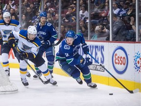 Troy Stecher of the Vancouver Canucks, right, looks to move the puck out of his end while being pursued by Scottie Upshall of the St. Louis Blues on Dec. 23, 2017.