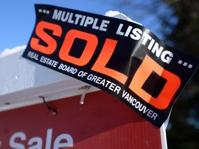 A real estate sold sign is shown outside a house in Vancouver, Tuesday, Jan.3, 2017.