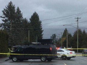 The Integrated Homicide Investigation Team and Chilliwack RCMP at the scene of a shooting that left Cody Isaacson fatally injured early Wednesday, Jan. 31, 2018. Investigators say Isaacson was known to police and was targeted.