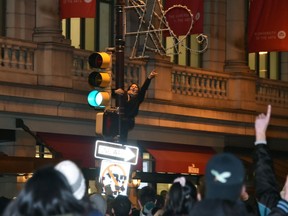 Crowds of Philadelphia Eagles fans celebrate at Broad and Walnut Streets as the Eagles won the NFC Championship game over the Minnesota Vikings on Sunday, January 21, 2018 at Lincoln Financial Field in Philadelphia, Pa.