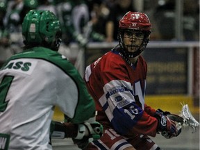 Mitch Jones (right), who starred for the WLA’s New Westminster Salmonbellies last summer, is now lining up for the Buffalo Bandits, who will host the Vancouver Stealth on Saturday.
