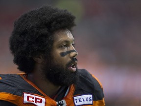 B.C. Lions' Maxx Forde on the sidelines during play against the Toronto Argonauts on Nov. 4, 2017. He's been re-signed by the Lions through 2018.