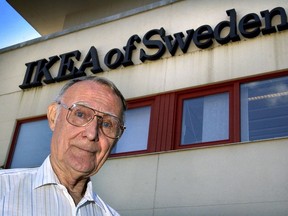 In this Aug. 6, 2002 file photo, Ingvar Kamprad, founder of Swedish multinational furniture retailer IKEA, stands outside the company's head office in Almhult, Sweden. IKEA confirmed Sunday Kamprad has died aged 91.