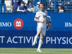 Vancouver Whitecaps midfielder Andrew Jacobson celebrates his goal against the Montreal Impact during first half MLS action Saturday, April 29, 2017 in Montreal.
