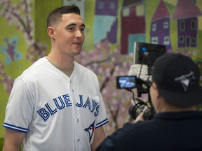 Toronto Blue Jays' pitcher Aaron Sanchez, a one-time Vancouver Canadians player, was at Gilmore Community School in Burnaby on Friday as part of the Jays' 2018 Winter Tour.