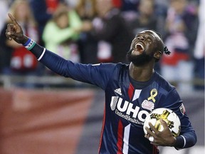 New England Revolution's Kei Kamara celebrates his third goal during an MLS game in Foxborough, Mass., on Sept. 2, 2017.