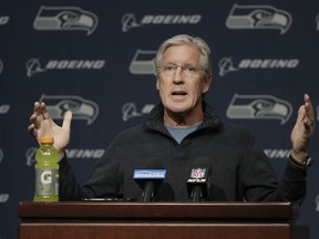 Seattle Seahawks NFL football head coach Pete Carroll talks to reporters, Tuesday, Jan. 2, 2018, during his end-of-season press conference, in Renton, Wash.
