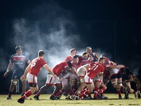 Steam rises as Canada's Gordon McRorie (21) passes the ball during the second half of an Americas Rugby Championship test match against the United States in Burnaby, B.C., on Saturday February 18, 2017.