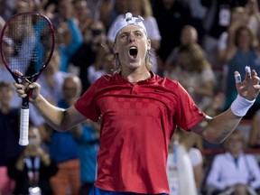 Denis Shapovalov celebrates his quarter-final win over Adrian Mannarino at the Rogers Cup in Montreal on Aug. 11.