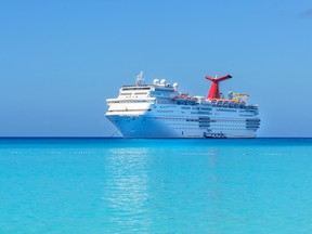 Carnival Elation at anchor off Half Moon Cay, Bahamas. The ship recently underwent a multi-million-dollar makeover that has added new features and staterooms.