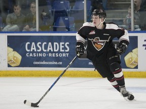 Bowen Byram at age 16 has been one of the Vancouver Giants’ better players this season despite also being one of their youngest. He’s touted by many to be an early first-round pick in the 2019 NHL Entry Draft. (Photo: Rik Fedyck)