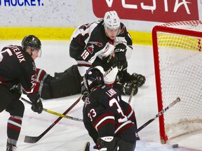 Dawson Holt scores for the Vancouver Giants on Sunday against the Red Deer Rebels at the Langley Events Centre.