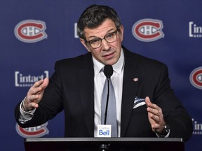 General manager of the Montreal Canadiens Marc Bergevin addresses the media prior to the NHL game against the Vancouver Canucks at the Bell Centre on January 7, 2018 in Montreal.