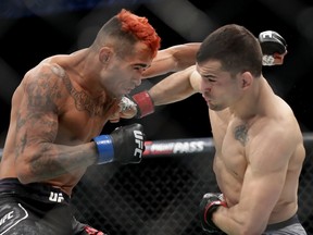 Mirsad Bektic of Bosnia (right), hammering Godofredo Pepey of Brazil at UFC Fight Night in Charlotte, N.C., on Jan 27, 2018, is climbing the men’s featherweight division rankings. (Photo: Streeter Lecka, Getty Images files)