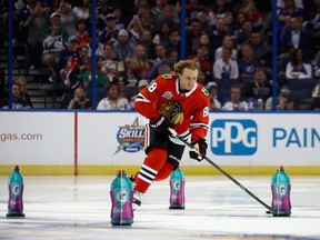 Patrick Kane of the Chicago Blackhawks, who remembers the intense playoff rivalry with the Vancouver Canucks, competes in the puck control relay during the NHL All-Star skills competition at Amalie Arena on Jan. 27, 2018 in Tampa, Fla.