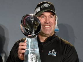 Head coach Doug Pederson of the Philadelphia Eagles poses with the Vince Lombardi Trophy after Super Bowl LII on Feb. 5 at the Mall of America in Bloomington, Minn.
