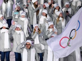 Olympic Athletes from Russia march in the opening ceremony at the Pyeongchang Olympics on Feb. 9.