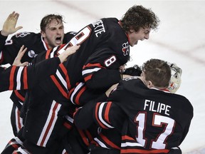 Adam Gaudette celebrates after scoring a hat trick to lead Northeastern to The Beanpot Tournament title Feb. 12 in Boston.