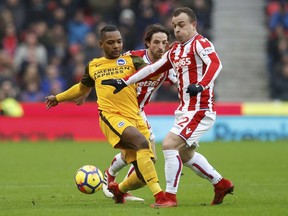 Jose Izquierdo of Brighton & Hove Albion, shown battling against Stoke City's Xherdan Shaqiri, will be looking to knock off underdog Coventry City in the FA Cup fifth round on Saturday.