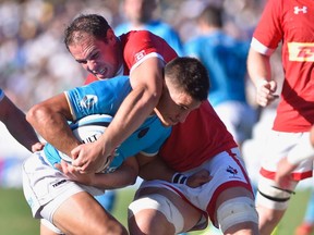 Tyler Ardron makes a tackle in the second leg of the Canada vs. Uruguay Rugby Wold Cup qualifier in Montevideo.