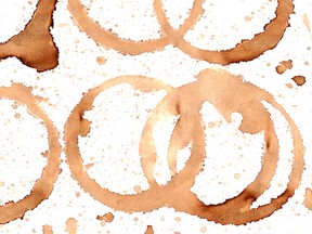 Coffee paint stains splashes and harts isolated on white background. Coffee cup marks set.