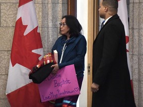 Debbie Baptiste, mother of Colten Boushie, leaves Prime Minister Justin Trudeau's office after a meeting on Parliament Hill in Ottawa on Feb. 13, 2018.