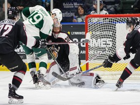David Tendeck makes a save for the Vancouver Giants on Saturday against the Everett Silvertips.