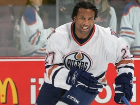VANCOUVER - DECEMBER 21: Georges Laraque #27 of the Edmonton Oilers warms up against the Vancouver Canucks before the NHL game at General Motors Place on December 21, 2005 in Vancouver, Canada. The Oilers defeated the Canucks 7-6.