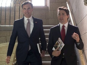 Finance Minister Bill Morneau and Prime Minister Justin Trudeau hold copies of the federal budget on their way to the House of Commons in Ottawa, Wednesday, March 22, 2017.