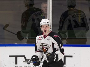 Bowen Byram celebrates a goal against the Calgary Hitmen, one of his two on the night. Ty Ronning also scored twice as Vancouver Giants won 4-2 in Langley.