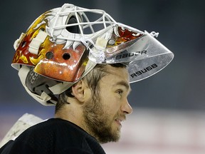 Calgary Flames goalie Eddie Lack during Flames practice at the Scotiabank Saddledome in Calgary, Alta. on Tuesday October 3, 2017.