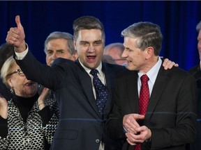 Andrew Wilkinson with Todd Stone after Wilkinson was was elected leader at the BC Liberal party leadership convention at the vote at the BC Liberal party leadership convention, Vancouver, February 03 2018.