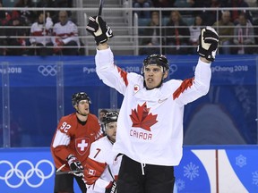 Canadian forward Rene Bourque celebrates one of his goals against Switzerland at the Pyeongchang Olympics on Feb. 15.