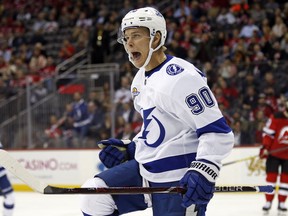 Vladislav Namestnikov of the Tampa Bay Lightning celebrates scoring a goal during the first period against the New Jersey Devils at the Prudential Center in October.