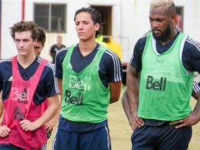 David Norman Jr., centre, shown here alongside Kendall Waston at Whitecaps training camp in Hawaii on Feb. 2, 2015.