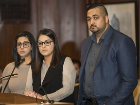 Family members, from left, Sabreena Khosa, Jassicka Bhullar and Simran Bhullar of slain nightclub worker Kalwinder Thind speak to Vancouver city council on Feb. 21 about installing closed-circuit cameras in the city's downtown entertainment district. Khosa and Jassicka Bhullar are Thind's sisters and Simran Bhullar is his brother-in-law.
