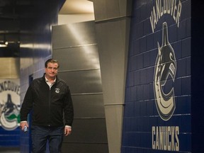 Vancouver Canucks general manager Jim Benning cuts a lonely figure in the corridors of Rogers Arena in Vancouver on Monday, where he addressed the media after a relatively uneventful NHL trade deadline day. (Photo: Arlen Redekop, PNG)