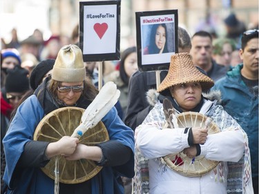 VANCOUVER. February 24 2018. People gather outside the CBC in support of the family and friends of Tina Fontaine, as part of a National day for Tina Fontaine, Vancouver, February 24 2018.