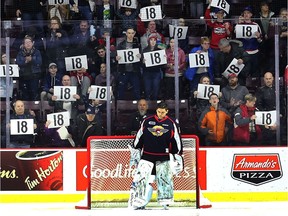 Windsor Spitfire goalie Michael DiPietro is shown during a pre-game ceremony for Mickey Renaud, team captain who died 10 years ago. The event was held on Feb. 18 at the WFCU Centre in Windsor, Ont.