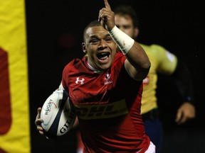 Team Canada's Doug Fraser celebrates his try against Team Brazil during second half action at the Americas Rugby Championship in Langford, B.C., on Saturday, February 17, 2018.