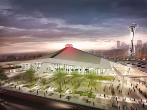 In this computer drawing provided in 2017 by the Oak View Group, a proposed remodelled KeyArena in Seattle is shown near the Space Needle. The group is the key player in the bid to bring a National Hockey League team to the Emerald City.