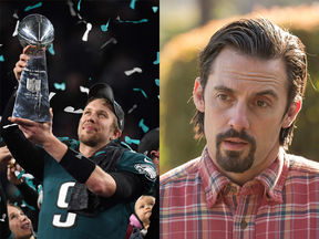 Nick Foles of the Philadelphia Eagles (left) hoists the Vince Lombardi Trophy after winning the Super Bowl on Sunday; Milo Ventimiglia stars as Jack Pearson on NBC drama This Is Us.