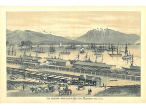 Etching of "The Harbour Vancouver British Columbia" from the West Shore magazine, May 1889. This shows the Canadian Pacific Railway station and dock at the foot of Granville Street.