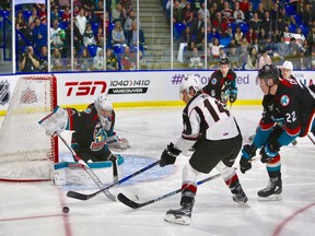 James Malm tries to get the puck to the net against the Kelowna Rockets on Friday at the Langley Events Centre. Malm and the Vancouver Giants weren't successful enough at that, en route to losing 5-2 in their regular season home finale.
