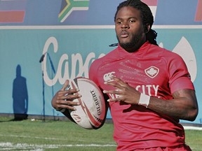 Tevaughn Campbell in action for Canada at the 2018 USA Sevens in Las Vegas.