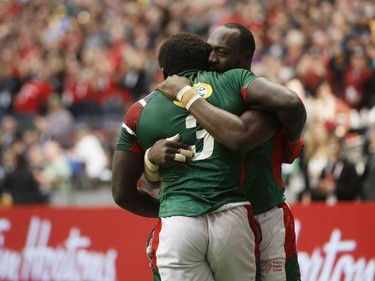 VANCOUVER, BC - MARCH 11: Oscar Ouma of Kenya celebrates scoring the winning try against the United States during the Canada Sevens, the Sixth round of the HSBC Sevens World Series at the BC Place stadium Centre on March 11, 2018 in Vancouver, British Columbia, Canada.