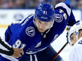 Steven Stamkos #91 of the Tampa Bay Lightning faces off during a game against the Toronto Maple Leafs at Amalie Arena on March 20, 2018 in Tampa, Florida. (Photo by Mike Ehrmann/Getty Images)